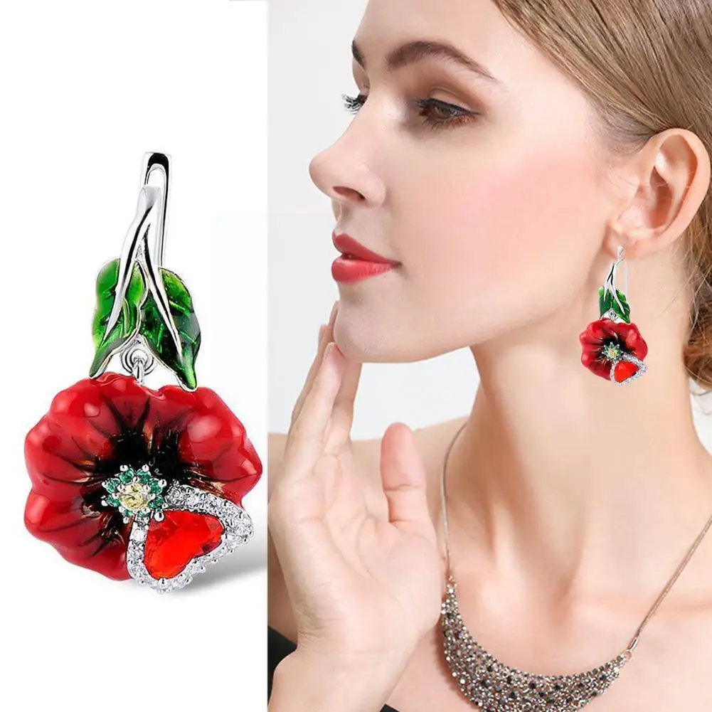 

Silver Color Ruby Gemstone Rose Gold Flower Earrings Studs Gifts Fine Ear Jewelry Women Wholesale H8E3
