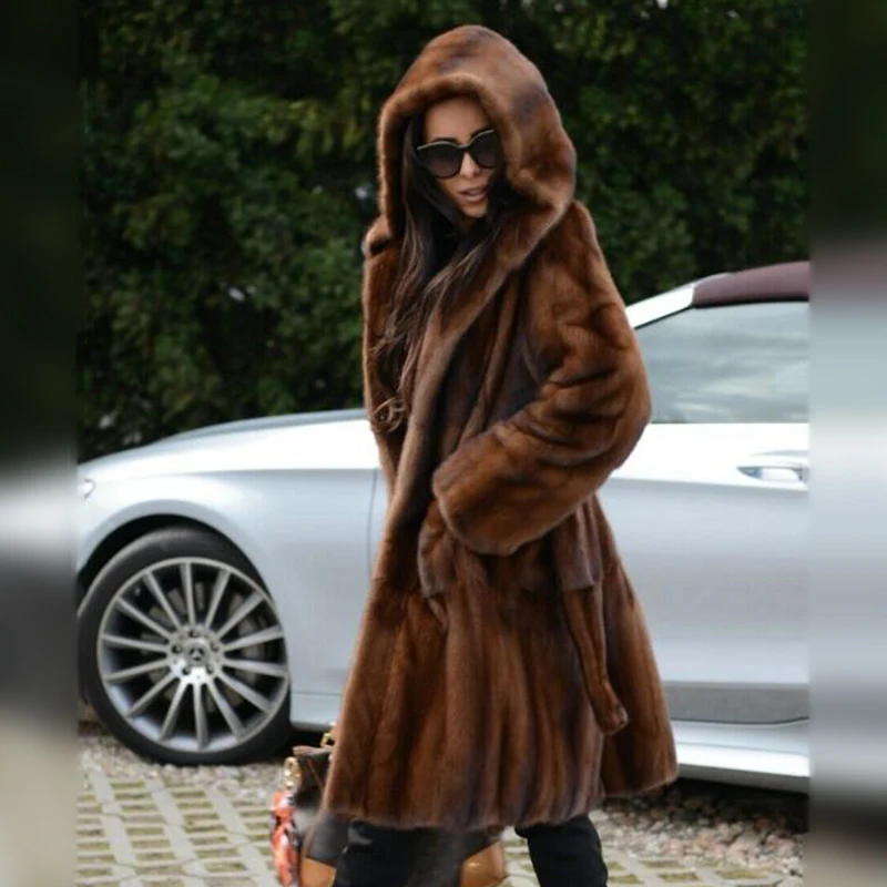 Winter Woman Natural Mink Fur Coat With Hood 2021 New Fashion Genuine Mink Fur Coats 100cm Long Luxury Overcoats With Fur Belt