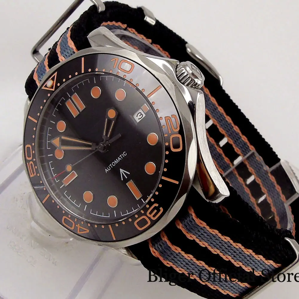 

Автоматическая Мужская Флешка BLIGER 41 мм, вращающаяся рамка, нейлоновая лента, дата, 24 Драгоценности NH35A MIYOTA 8215