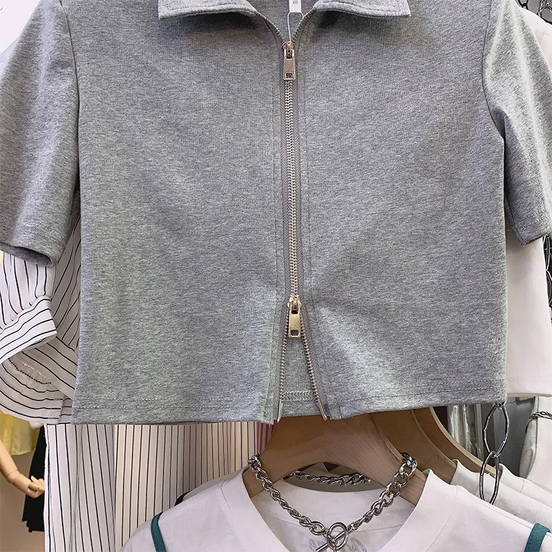 

T-shirt Female Solid Color Short Shirts Ins 2021summer New High Waist Zipper Blouse Women Short Sleeve Top