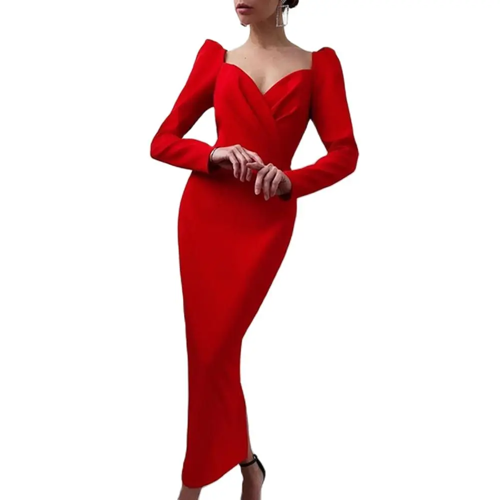 

Элегантные облегающие платья для женщин, шикарное платье средней длины из хлопчатобумажной смеси с длинными рукавами для вечеринки