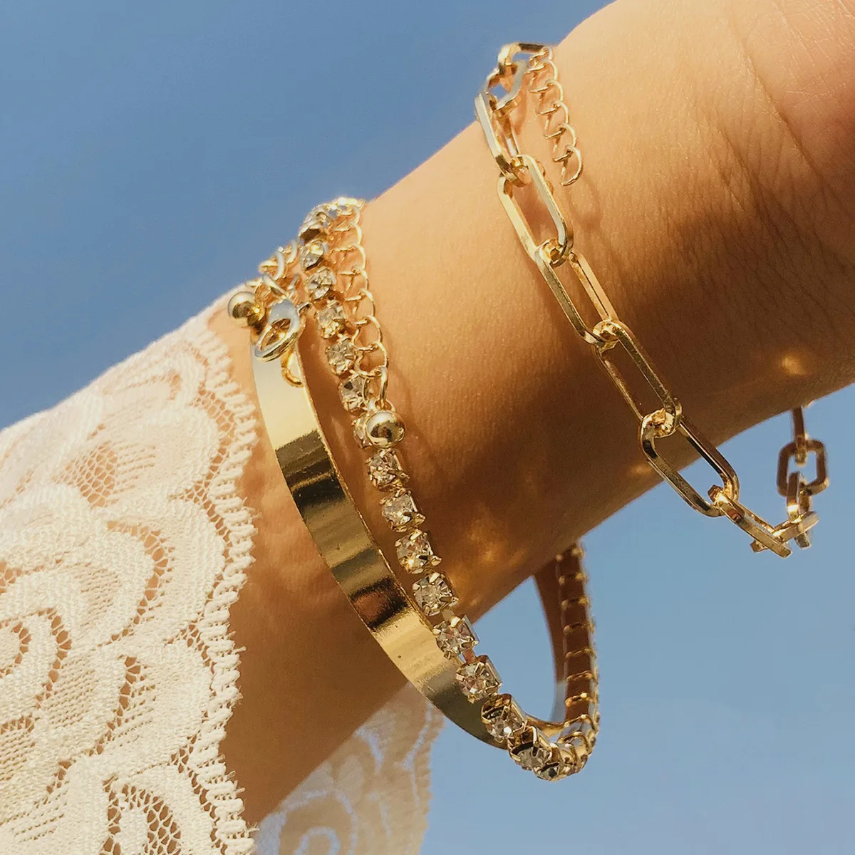 

3Pcs/ Set Punk Layered Color Cuban Link Bracelet For Women Crystal Chains Charm Bracelets Bangeles Fashion Jewelry Accessories