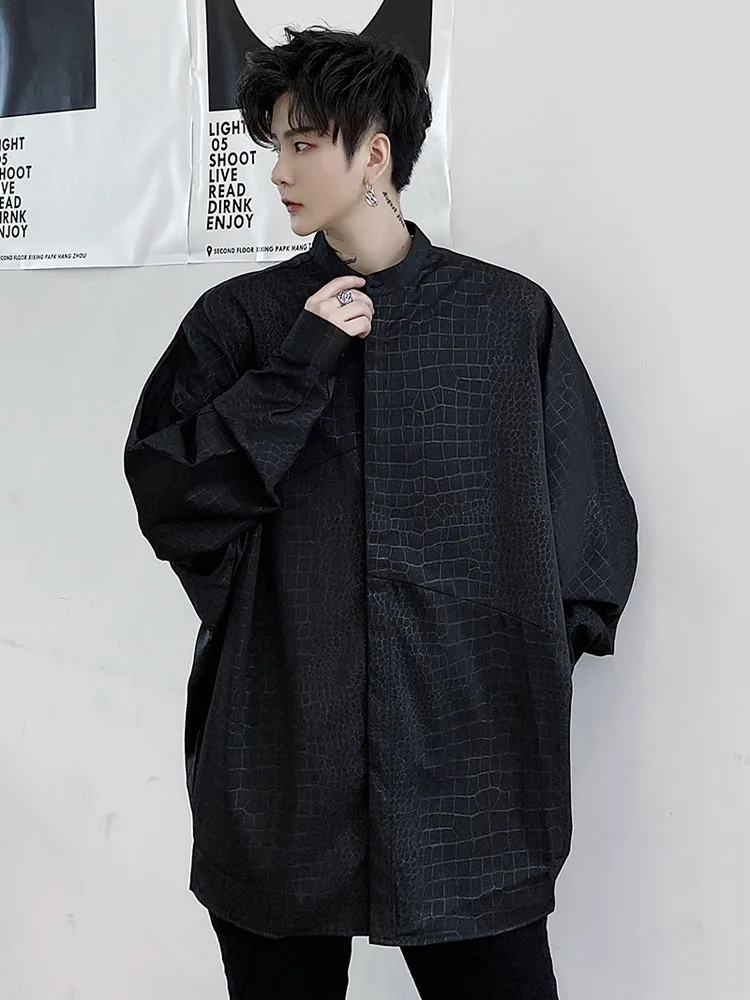 

Male Vintage Streetwear Hip Hop Shirt Men Crocodile Pattern Long Bat Sleeve Stand Collar Loose Casual Shirt