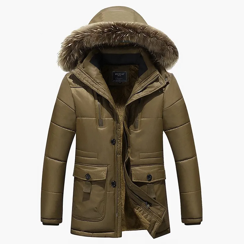 dark khaki Размера плюс M~ 7XL 8XL Зимняя парка Для мужчин теплая флисовая Меховая Куртка Пальто Верхняя одежда с капюшоном мужская с капюшоном и карманами; Верхняя одежда с защитой от ветра - Цвет: dark khaki