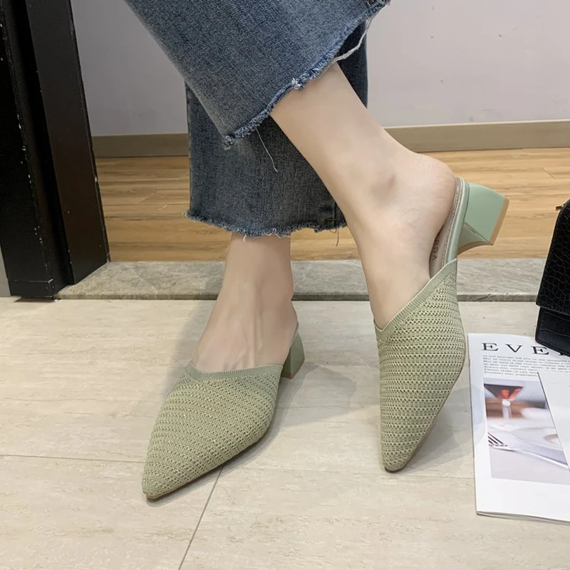 Women Slippers Pointed Toe High Heel Mules Shoes Summer Elastic Knitted Slippers Pumps Woman Fashion Elegant Party Shoes