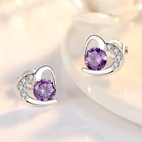 cute lovely heart minimal stud earrings dazzling crystal purple zircon stone romantic small earring piercing accessory for women