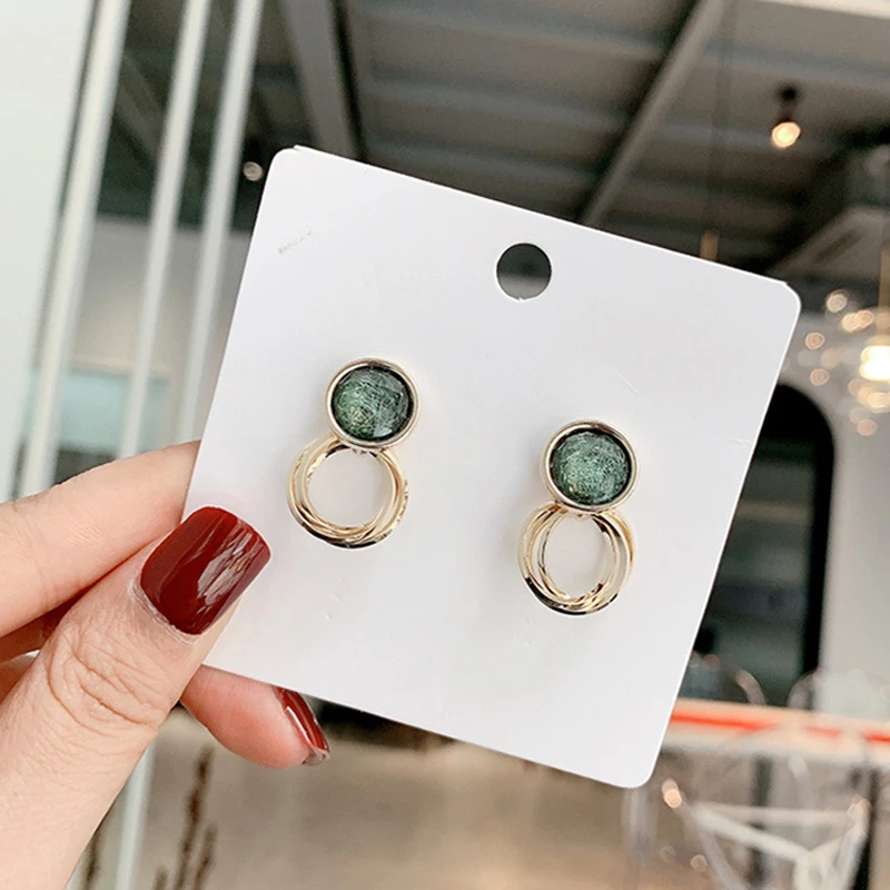 

S925 needle green brushed embedded metal port wind simple earrings fashion ladies jewelry earrings for women