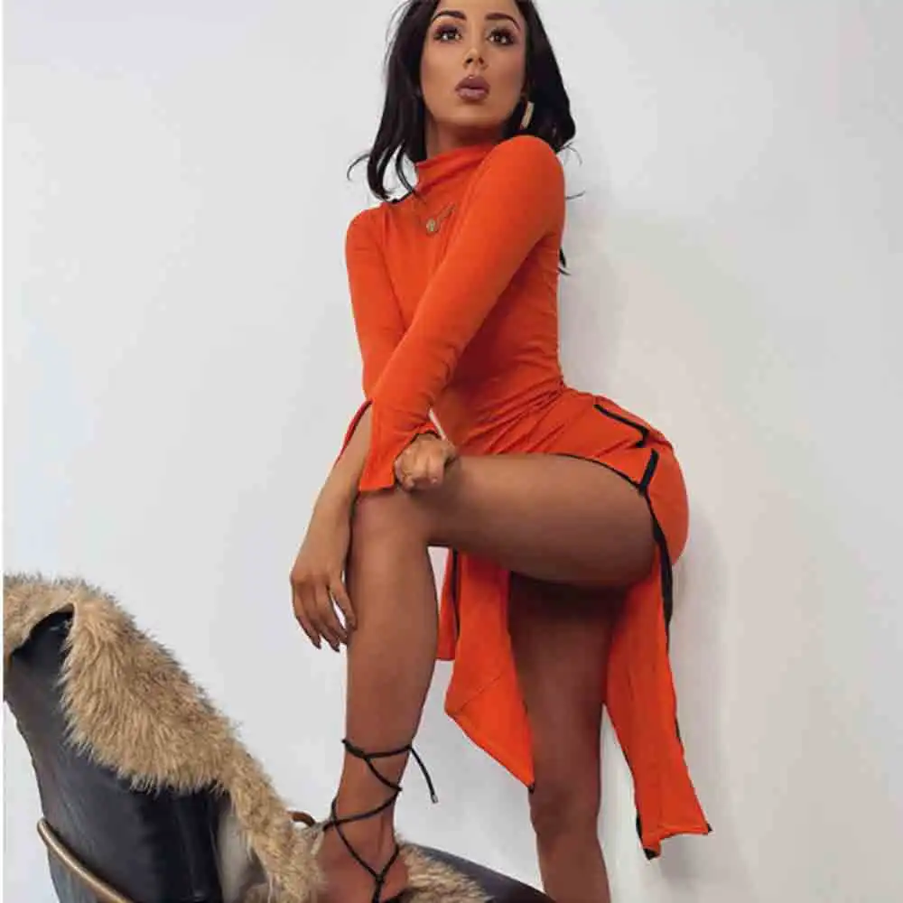 

Sexy Mid-Calf Dress Women Long Sleeve Autumn Bodycon Fashion Side Zipper Split Streetwear Elegant Casual Party Dress