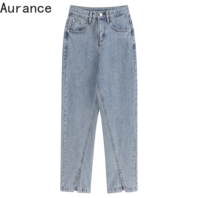 

[Aurance] Women Leisure Zipper Split Blue Wide Leg High Waist Jeans New Loose Trousers Fashion Tide Spring Autumn female 2021