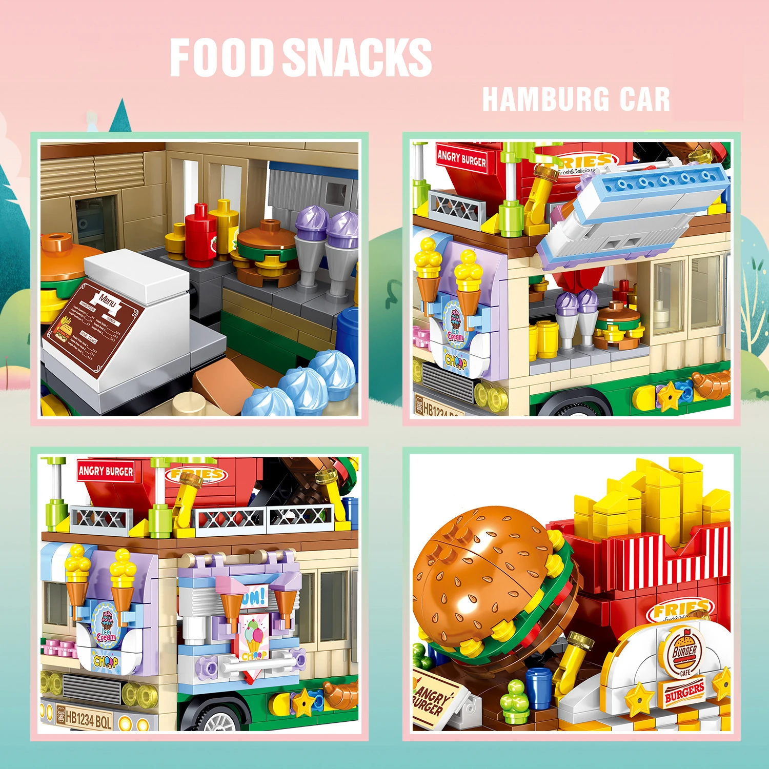 

638pcs Creator Miniature Hamburger Cart Micro Car Building Block Food Bus City Street view Construction Bricks Toys For Children