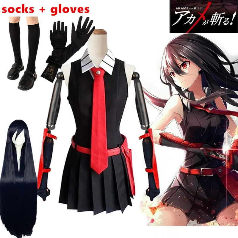 

High Quality Anime Akame ga KILL! Akame Men Women Cool Suit Uniform Cosplay Halloween Costume Dress+Shirt+Tie Accessories Sets