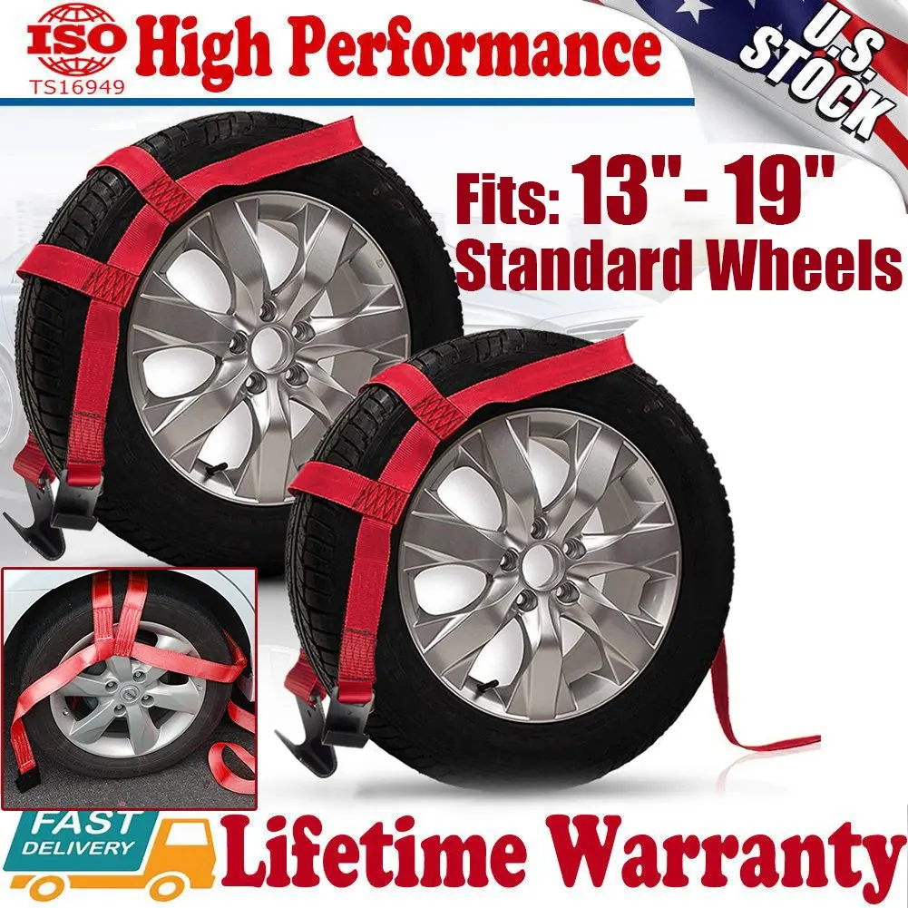 

Heavy Duty 2PCS RED Car Tire Tow Dolly Straps Basket Tie Down Strap w/ Flat Hook