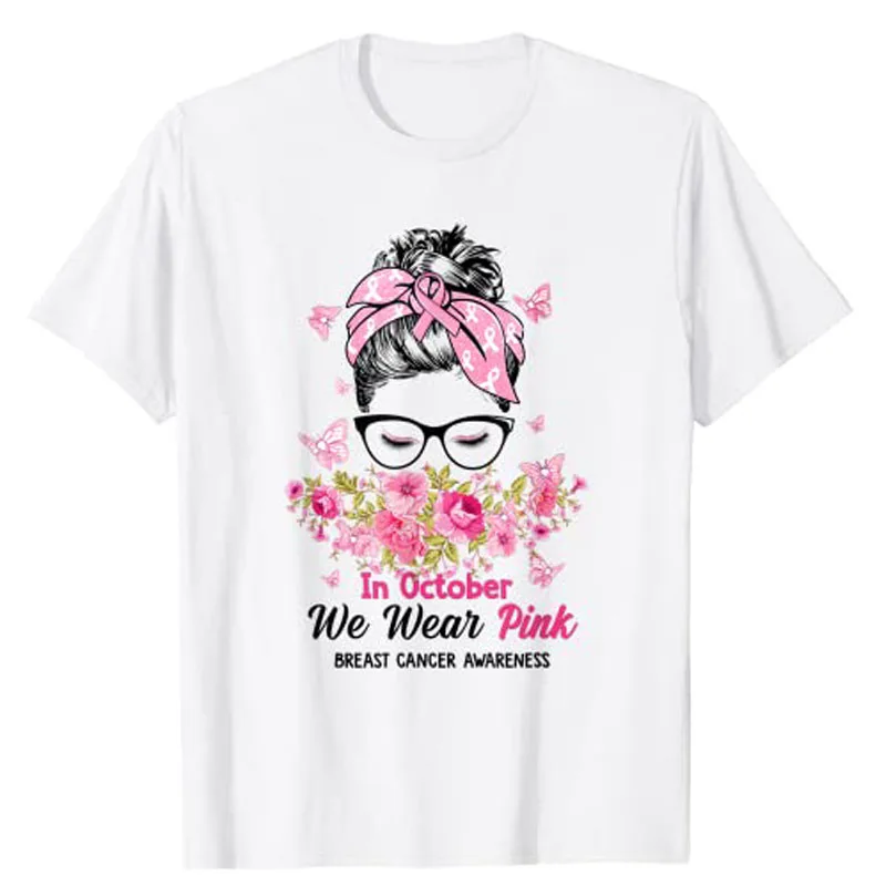 

In October We Wear Pink Messy Bun Breast Cancer Awareness T-Shirt Graphic T Shirts for Women