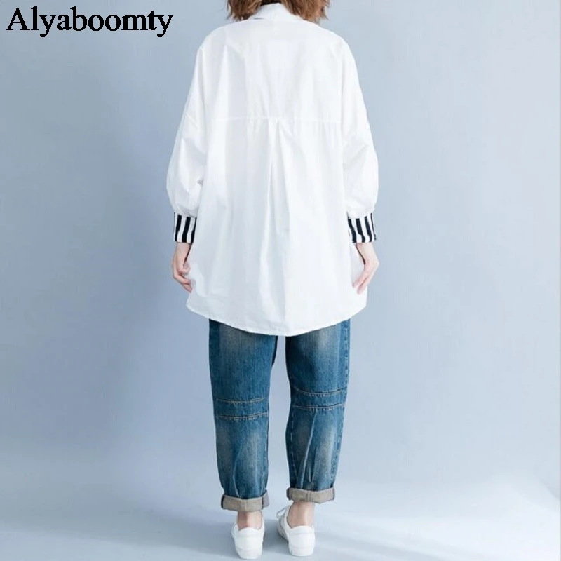 2021 размера плюс Сезон весна осень Женская блузка в полоску с рисунком из кусков