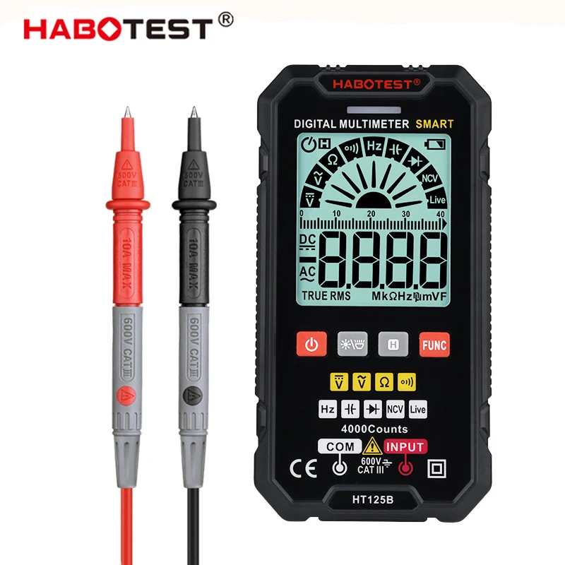 

HT125B Digital Multimeter Auto Range True RMS 600V NCV Voltmeter Resistance Capacitor Hz Tester Sound Light Alarm 4000 Counts