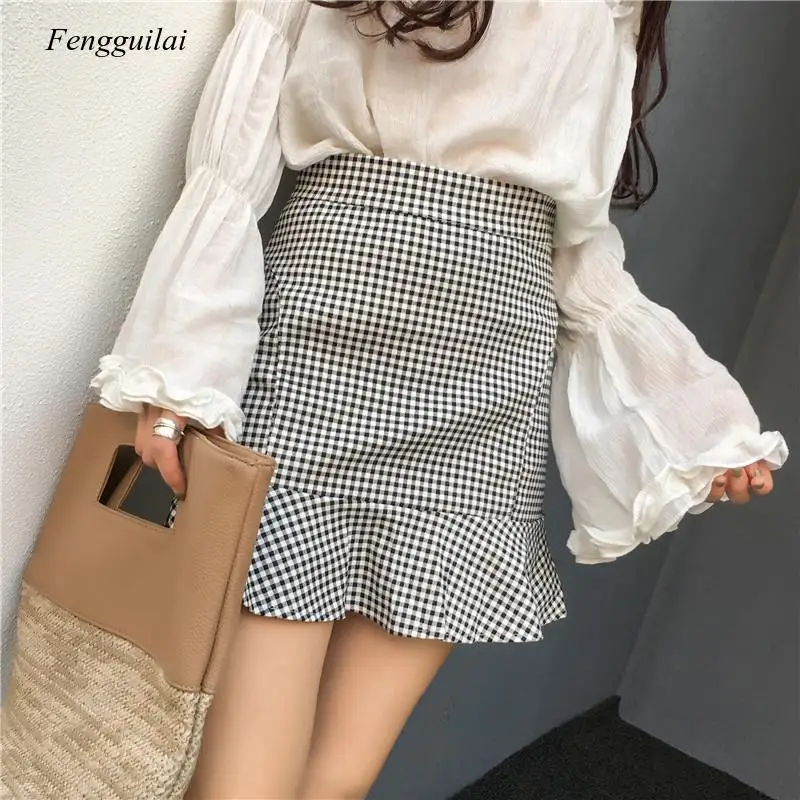 

Women Plaid Trumpet High Waist Mini Skirt Womens Summer Females Retro Ladies Elegant Korean Style Leisure Trendy Female