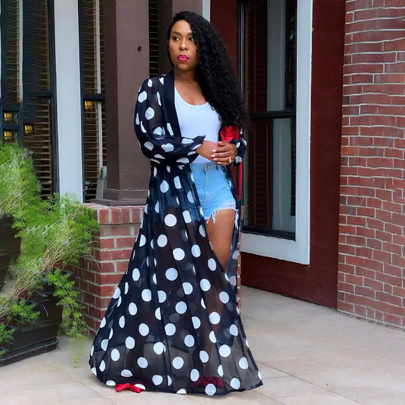 

Sexy Mesh Sheer Dots Long Sleeve Trench Coat To Wear Out Fashion Streetwear Blouses Cardigan Fall Women Loose Clothes