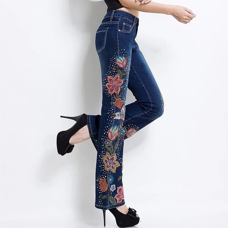 Top Quality Women Folk Floral Embroidery Skinny Long Wide Leg Denim Pants Slim Beading OL Sexy Push Up High Waist Jeans