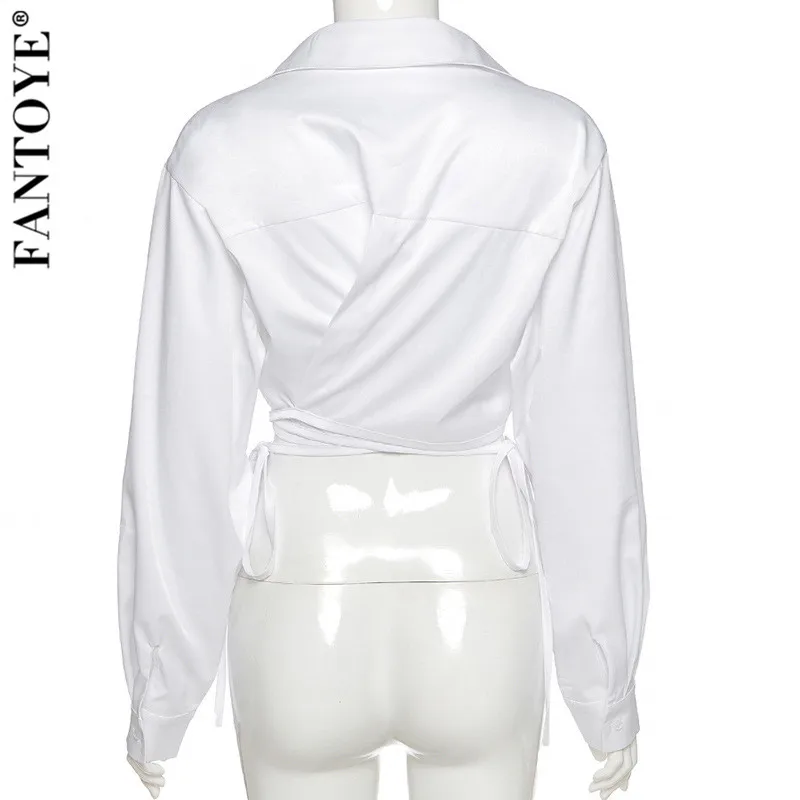 

FANTOYE Lace Up Hollow Out Letter Print Button T-Shirt Women Slim Turn-Down Collar Long Sleeve Top Solid Streetwear Female Tee