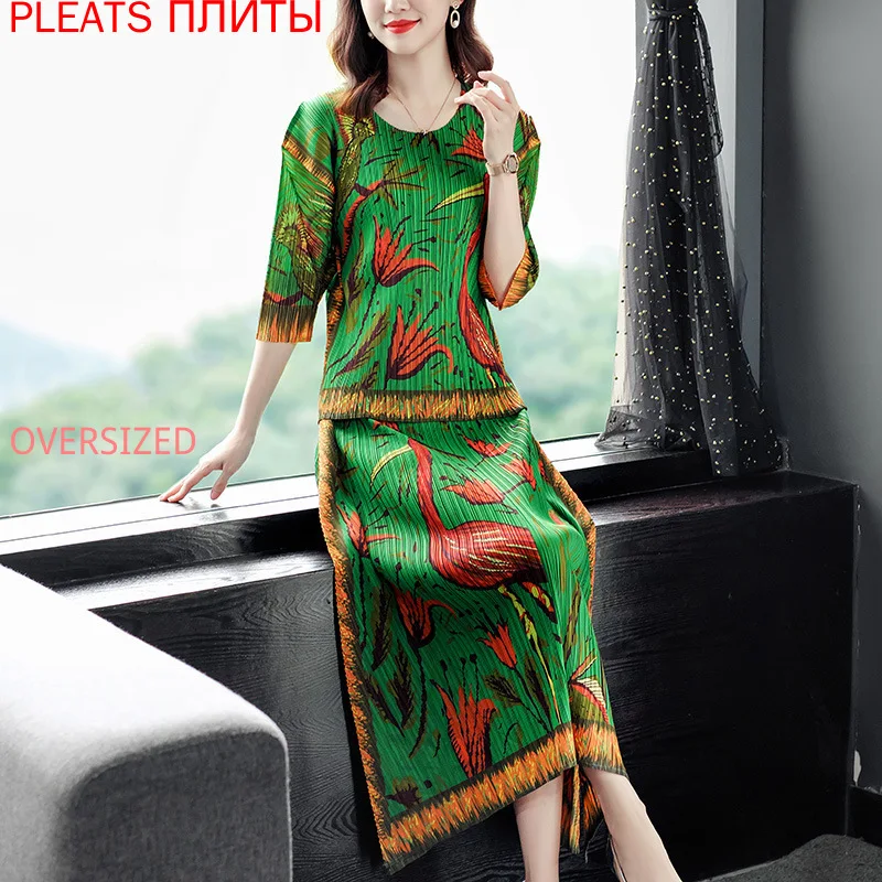 Fashion Suit Female Summer New Style Temperament Digital Printing Miyake Pleated Mid-length Skirt Two-piece Suit Two Piece Set