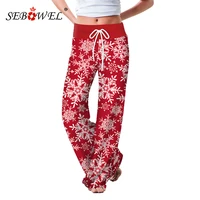 sebowel drawstring wide leg pants womens christmas floral plaid digital printing casual female high waist loose sweatpants