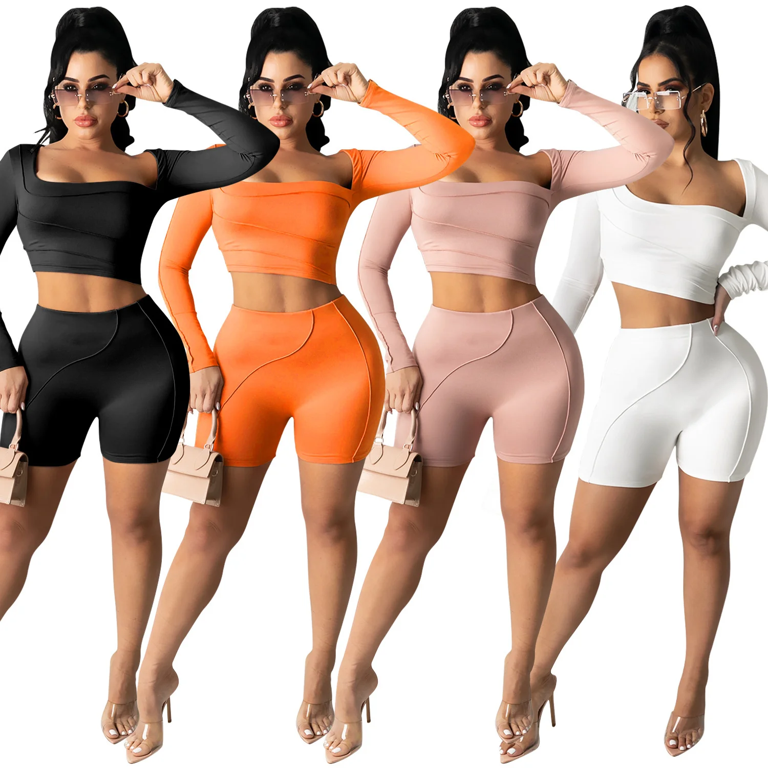 

Sylph Fashion Women's Set Solid Color Sexy Two Piece Sets Square Collar Long Sleeve Crop Top Short Suits Slim Female Clothing