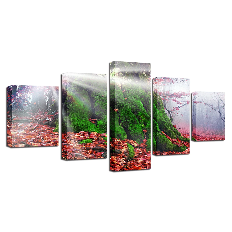 

Canvas Printed Picture Wall Art 5 Pieces Red Leaf And Green Tree Sunshine Scenery Painting Poster Modular Home Living Room Decor