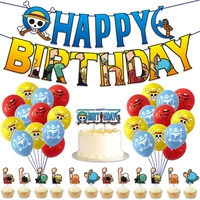 cartoon one piece theme decoration supplies set luffy balloons banner cake topper boy fans kids happy birthday party accessories