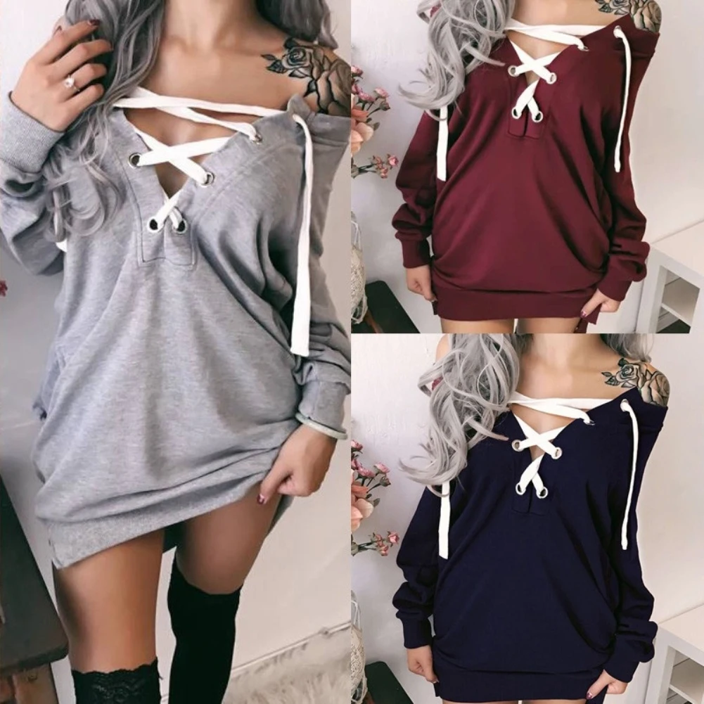 

hoodies women Autumn Solid Color Long Sleeve V Neck sweatshirt women Front Lacing Midi Pullover Sweatshirt oversized hoodie