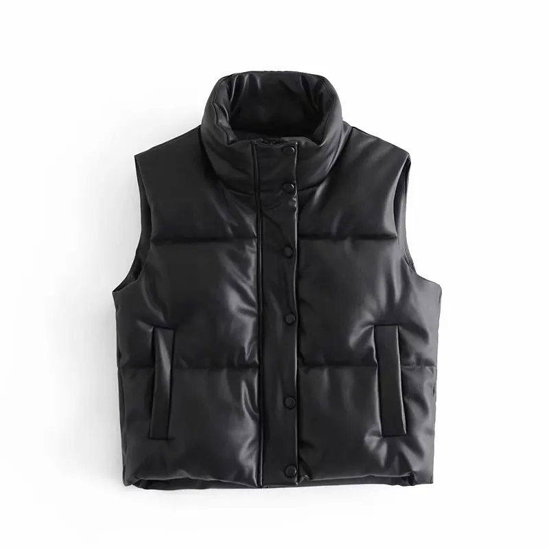 

MESTTRAF Women 2021 Fashion Winter Sleeveless Zipper Waistcoat Leather Cotton Pocket Stand Collar Short Waistcoat Streetwear