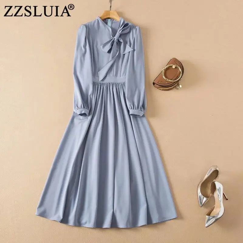 

Elegant Midi Dresses For Women Bow Collar Lantern Sleeve Solid Color Design Slim Temperament Dress Fashion One Piece Ladies