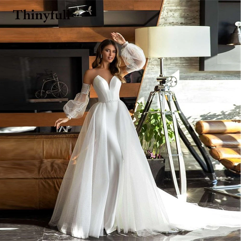 

Thinyfull Long A Line Stweetheart Wedding Dress Detachable Puff Sleeves Tulle Train Pleated Bridal Marriage Gowns Robe de mariee