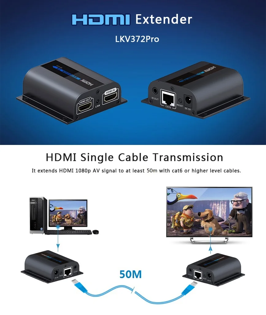До 60 м HDMI-совместимый удлинитель LKV372Pro через сеть RJ45 CAT6 1080P передача видео и аудио