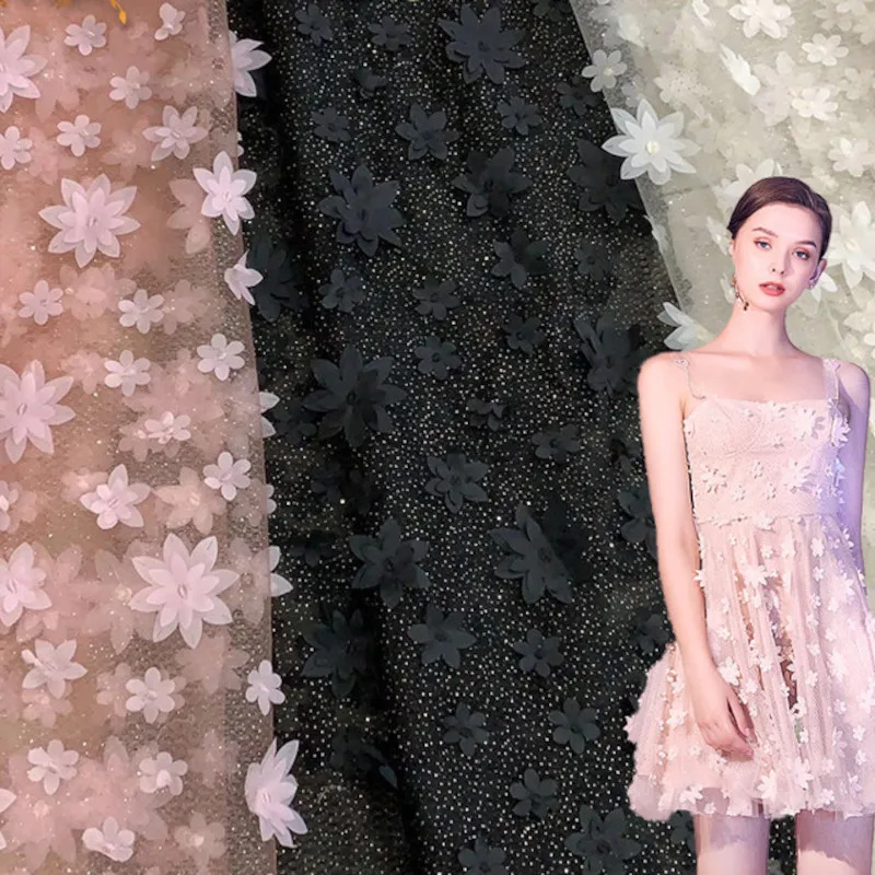 

3D Glitter Floral Embroidered Lace Fabric Tulle Mesh Fabric for Sewing Clothes Wedding Dress Black White Pink By The Yard