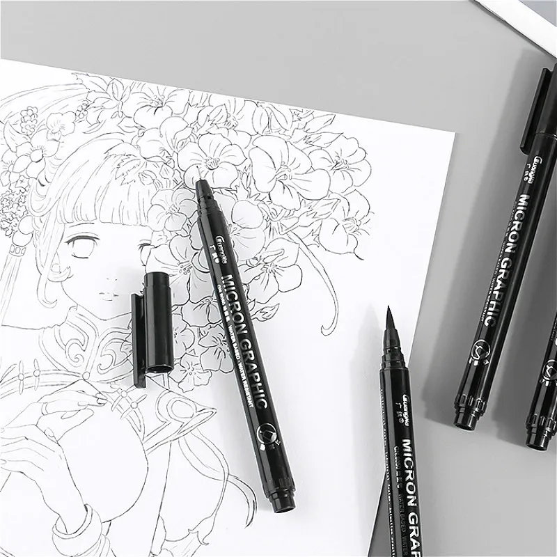 Ручка для черчения с чернилами Pigment Liner Ink Marker Pen 0.05 0.1 0.2 0.3 0.4 0.5 0.6 0.8 с различными наконечниками, чёрная, финишная, кистевая.