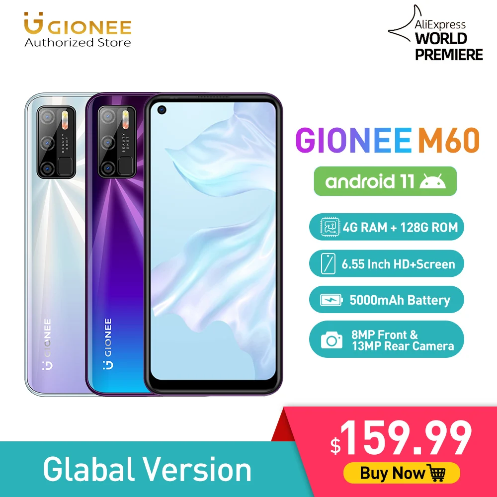 

GIONEE M60 6.55" LTE Mobile Phone Android 11 Smartphone 4G+128G Cellphone 8MP+13MP Camera 5000mAh Blackview Realme Umidigi Cubot