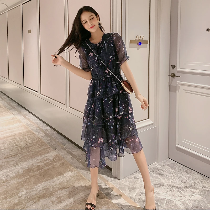 

2020 The New Summer Women Flower Dress Short Sleeve O-Neck Vintage Korean Fashion Elegant Ladies Party Casual Sexy Maxi Clothes