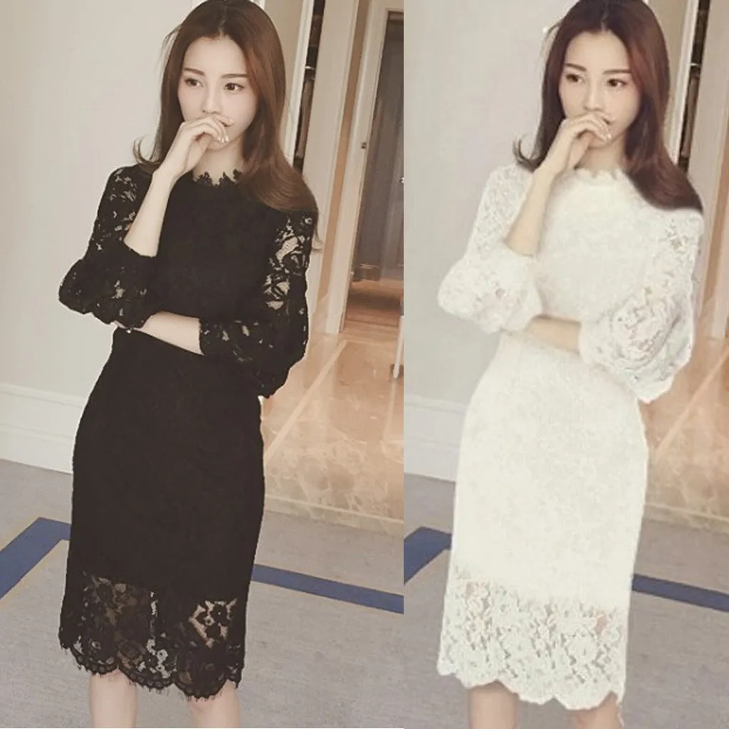 Plus Size Elegant Lace Women Dress Casual Ladies Long Sleeve O-Neck Floral Slim Mid Sexy Party Vestidos z1218# | Женская одежда