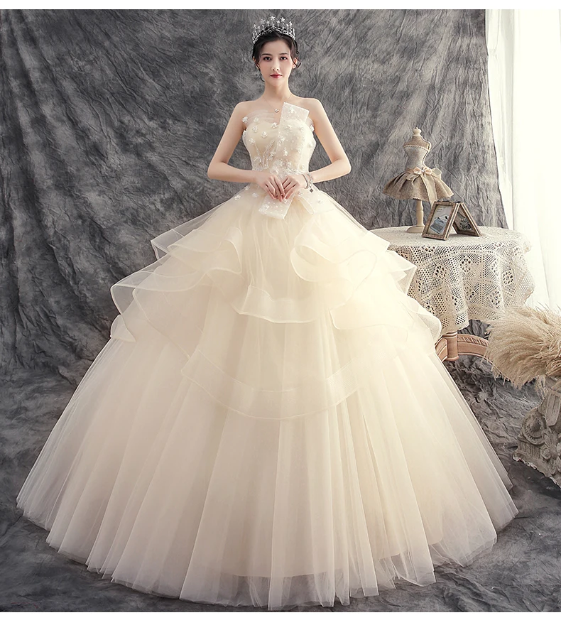 

Женское свадебное платье ручной работы, белое платье цвета шампанского без бретелек с цветами, свадебное платье принцессы, свадебные плать...