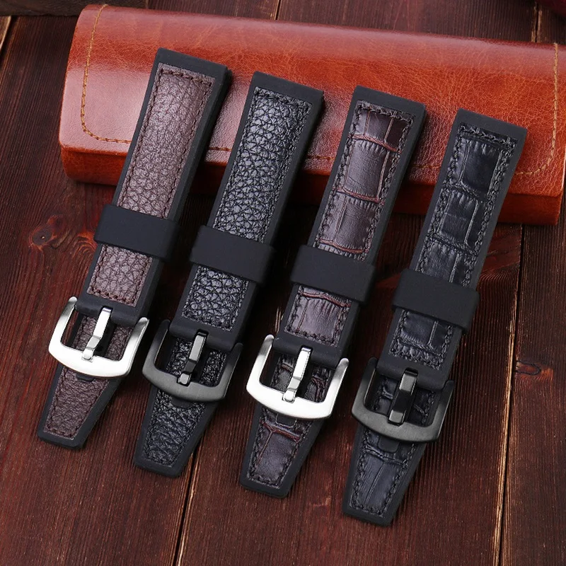 

22mm Real Leather+Silicone Watchband for Seiko Skx for Omega Seamaster Plant Ocean Watch Strap Sport Bracelet Rose-gold Buckle