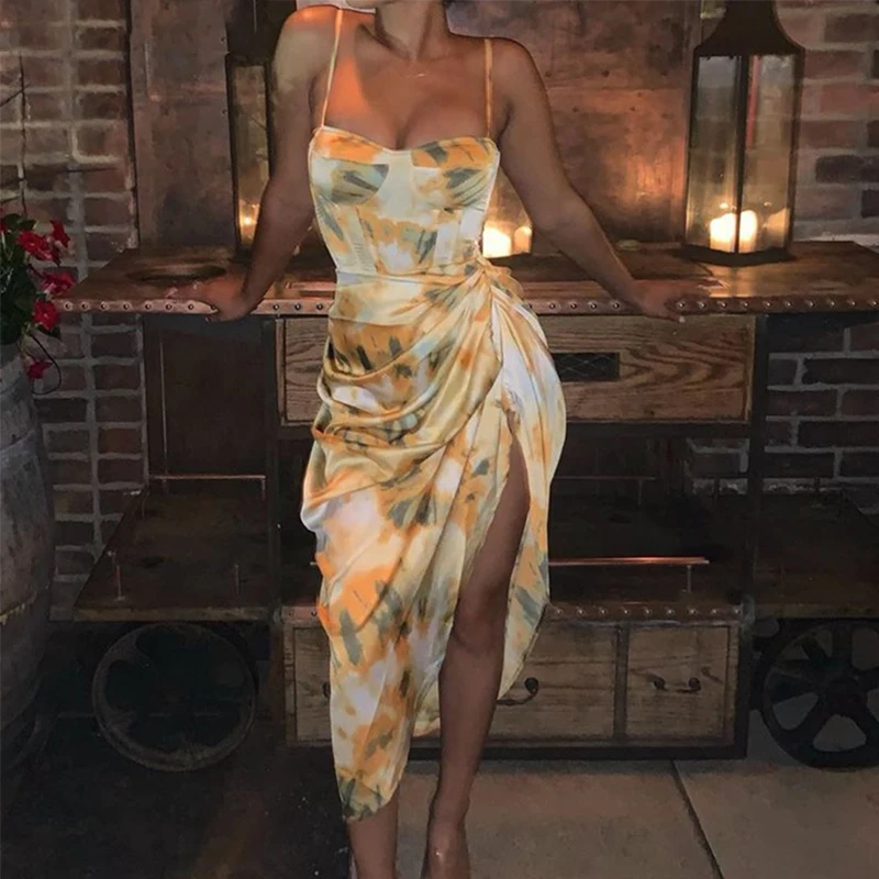

Women Spaghetti Strap Dress Sling Long Dresses Tie Dye Vintage Yellow Flower Print Robes Hem Slim Waist Slit Irregular Vestido