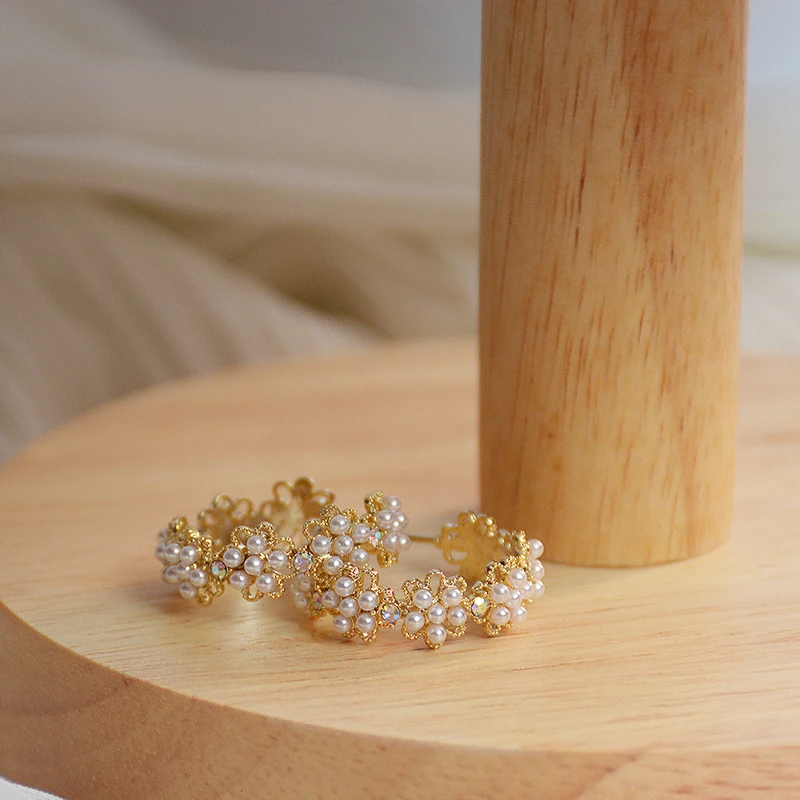 

High Quality 14K Real Gold Pearl Flowers Hoop Earrings for Women Top Designer Luxury Jewelry AAA Zircon S925 Silver Needle Party