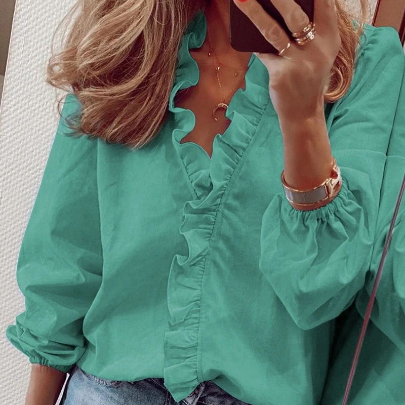 Elegant White Ruffle Blouse Shirts Women Autumn Spring Long Sleeve V-Neck Pullover Tops Office Lady Casual Plain Plus Size blusa | Женская