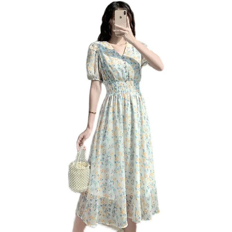 

Женское платье с V-образным вырезом, элегантное милое праздничное платье-миди в стиле ретро с пышными рукавами и цветочным принтом, лето 2021