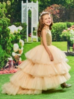 tanpell champagne sequined tiered tulle asymmetry backless girls party dress scoop ball gown flower girl dress