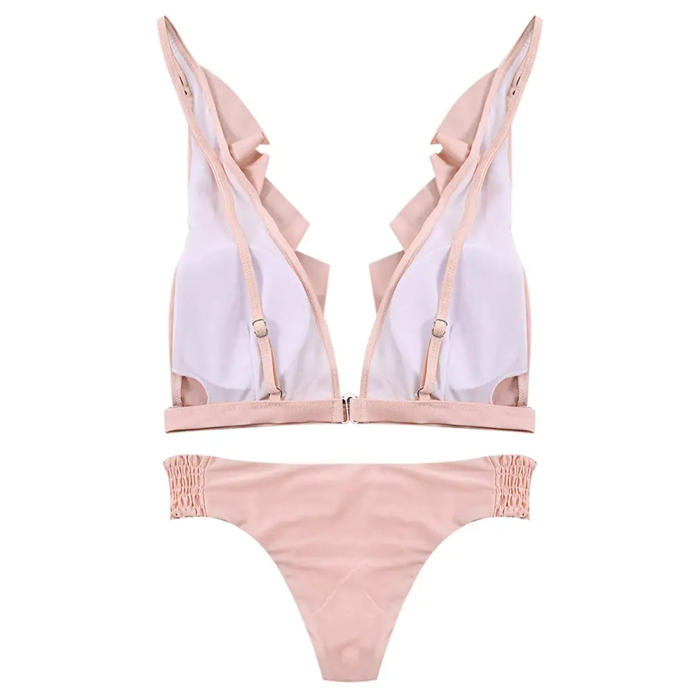 2017 стильное бикини Женский сексуальный купальник с оборками и глубоким вырезом