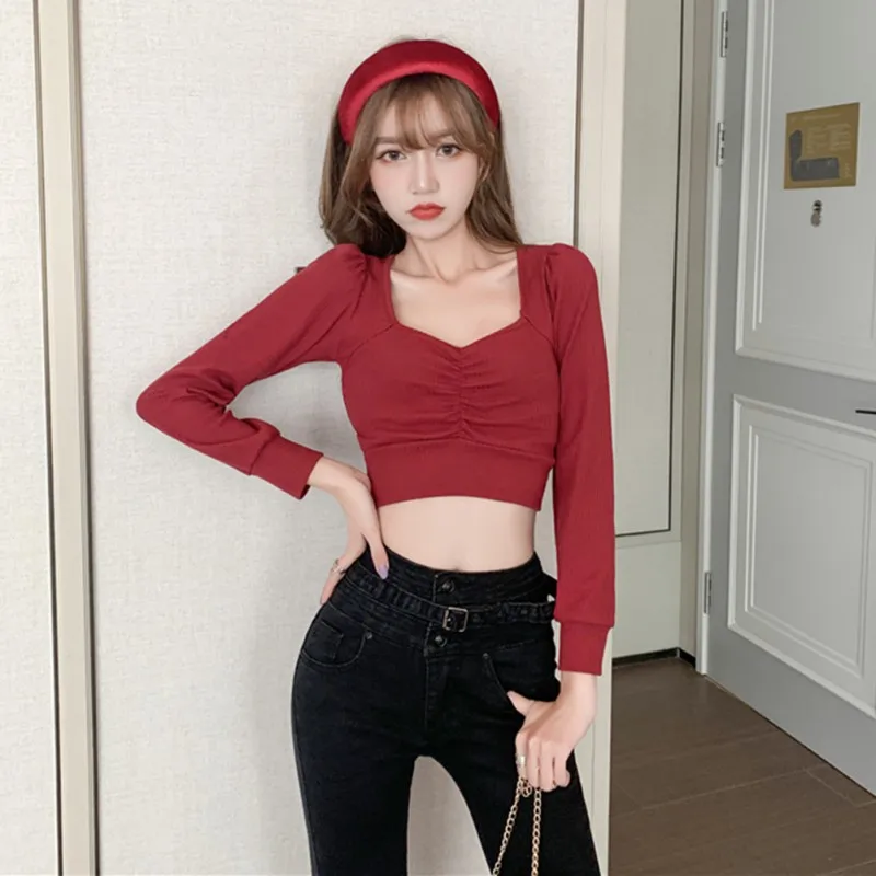 

ROPALIA Sexy Women T-shirt Top Autumn Retro Square Collar Long Sleeve T-shirts