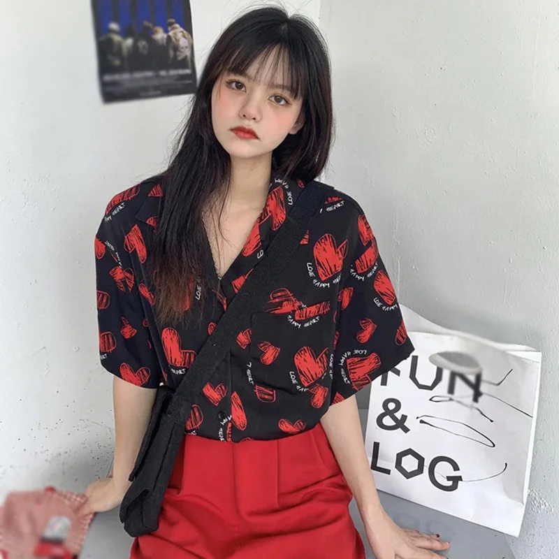

Women's Love Print Loose Casual Sweet Blouses V Neck Korean Style Chiffon Short Sleeve Shirt Female Korean Sweety Blouse
