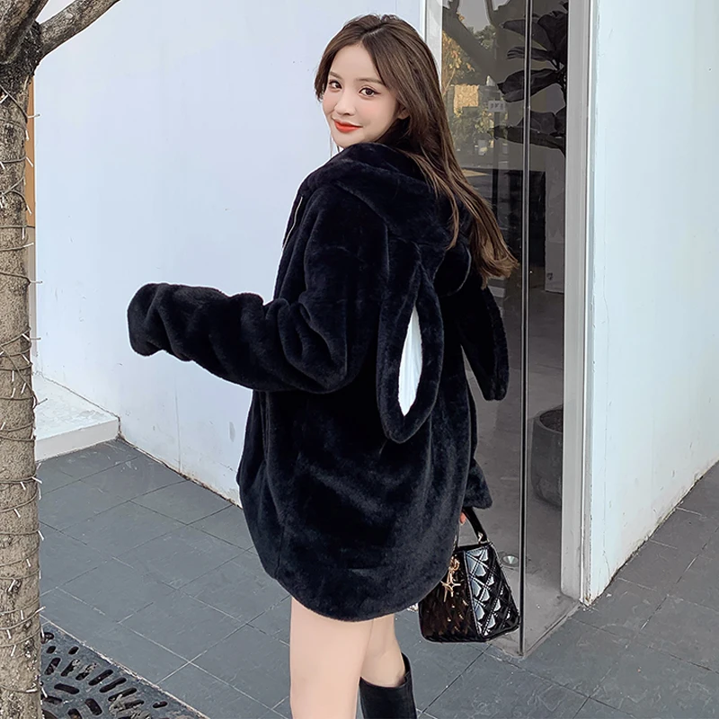 Sweet Cute Rabbit Ears Hooded Jacket Women Winter Furry Teddy Padded Zipper Lolita Coat Soft Faux Lambswool Cardigan Outerwear