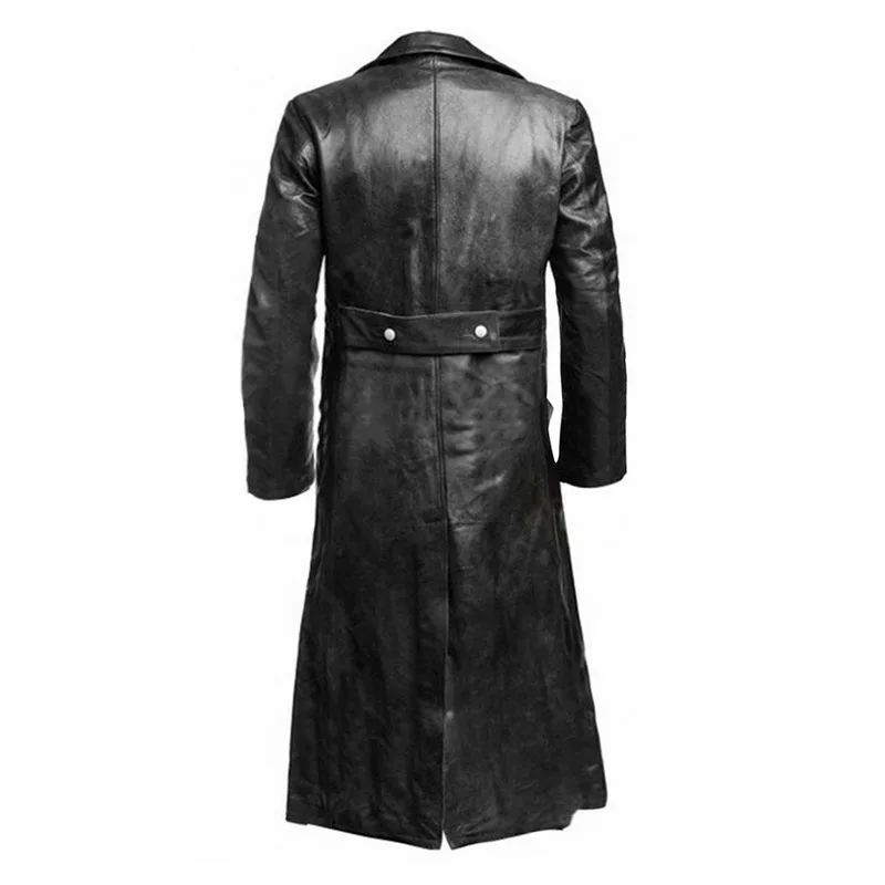 

Vogue Nice Button Closure Leather Jacket Long Length Trench Coat Lapel Style Collar Premium Officer Black Leather Trench Coat